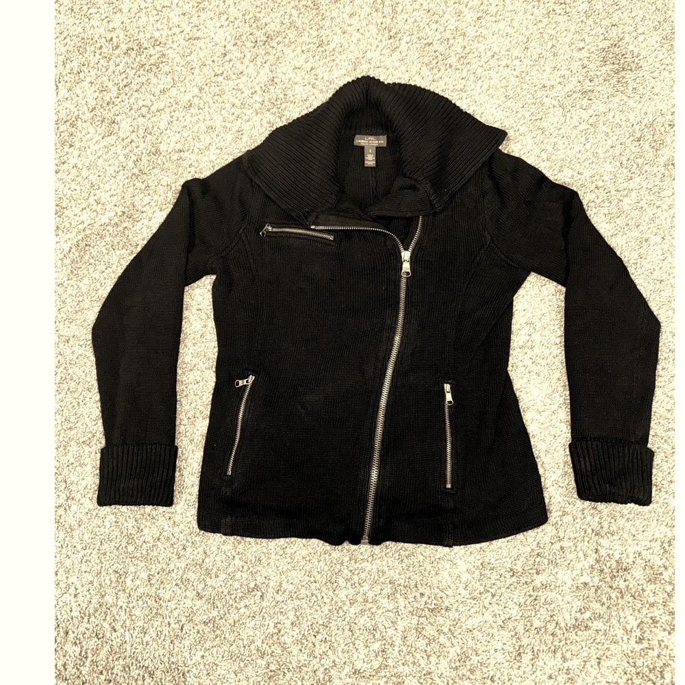 Lauren Ralph Lauren Black Moto Full Zip Cotton Knit Cardigan Sweater Womens S
